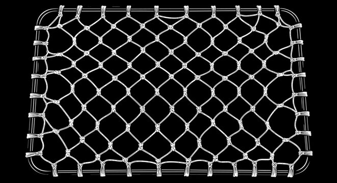 Frontal view of a rectangular rebounder net frame with high-contrast light-edged mesh netting on a solid dark monochromatic surface.