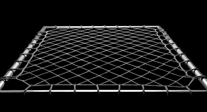 Angled perspective view of a metallic mesh rebounder frame featuring tight netting structure isolated on a dark monochromatic surface.