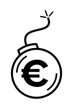 Euro debt, a ticking time bomb. Symbol of a money bomb. Euro sign inside bomb with burning fuse. Warning of financial explosion through hyperinflation and European debt crisis of the eurozone. Vector