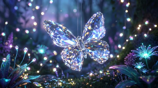 Beautiful crystal butterfly ornament hanging delicately in the air with intricate geometric facets that catch the bright glowing light to create a stunning prismatic effect in this magical fantasy sce