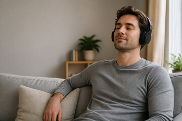 Obraz premium A young man wearing headphones is relaxing on a sofa in a bright, modern living room.