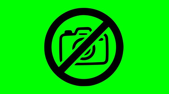 no camera allowed sign icon animation with a solid green screen chroma key background for video editing and post production workflow