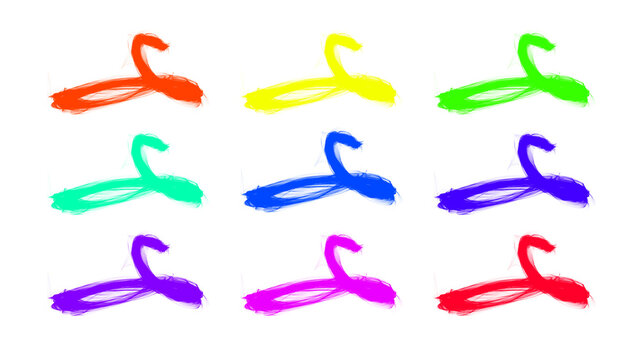 Colorful clothes hanger brush strokes set, vibrant rainbow garment hook icons, artistic fashion laundry symbols on white background