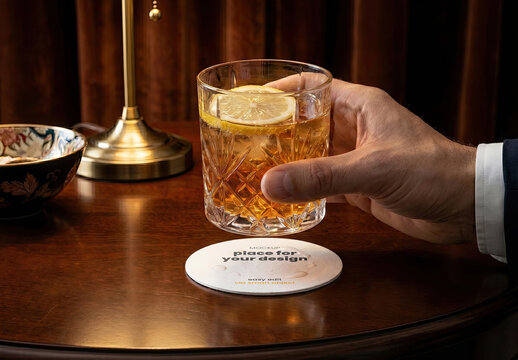 Elegant Circle Coaster with Drink and Hand Mockup