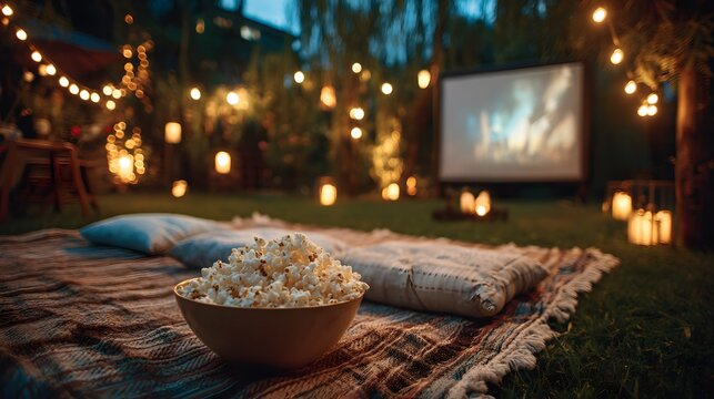 Cozy backyard movie night with popcorn and string lights