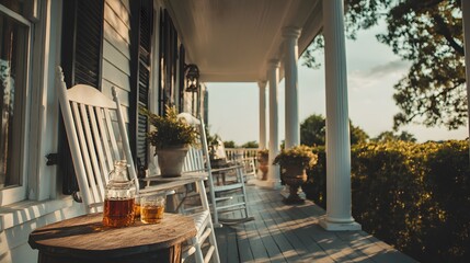 Fototapeta premium Classic American porch with iced tea and rocking chairs on a summer day