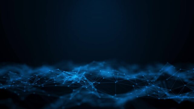 Abstract concepts of cybersecurity technology and digital data protection. Protect internet network connection with polygons, dots and lines with dark blue background, center focus, side blur.