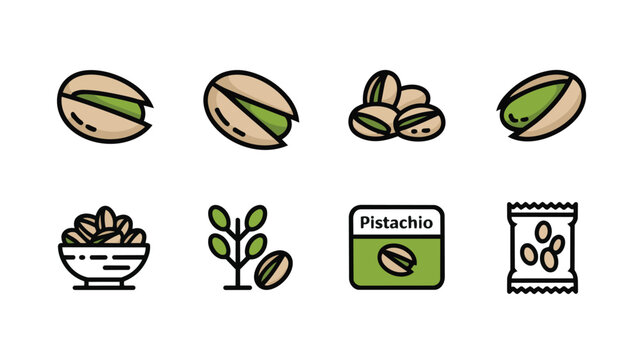 Pistachio nut icon set with plant bowl and packaging vector