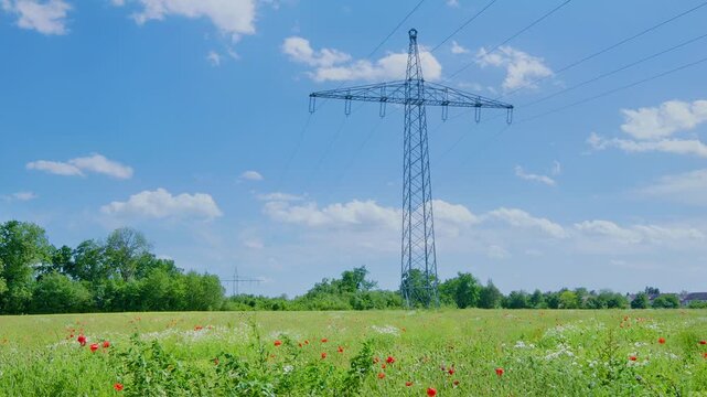 Electricity transmission tower inside a wildflower meadow with poppies and chamomile swaying in the wind under fast moving clouds. Renewable energy and power infrastructure concept
