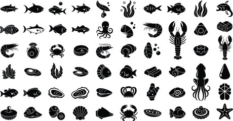 Seafood and Marine Life Black Silhouette Icon Set Featuring Fish Octopus Shrimp Lobster Crab Squid Oyster Mussel Seaweed and Starfish Vectors for Menu Designs © Md