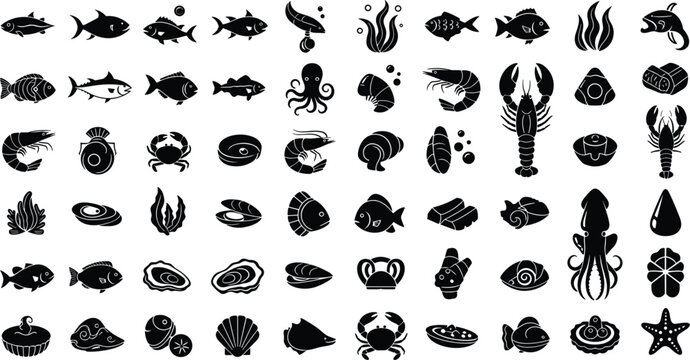 Seafood and Marine Life Black Silhouette Icon Set Featuring Fish Octopus Shrimp Lobster Crab Squid Oyster Mussel Seaweed and Starfish Vectors for Menu Designs
