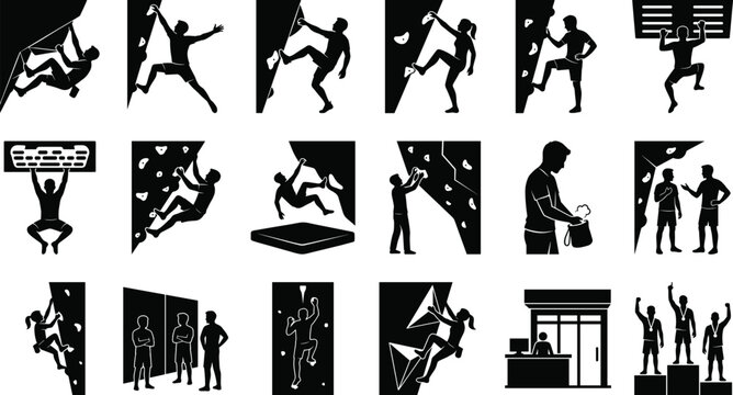 Black and white rock climbing icon set featuring silhouettes of people bouldering, training on hangboards, using chalk, and competing in an indoor climbing gym