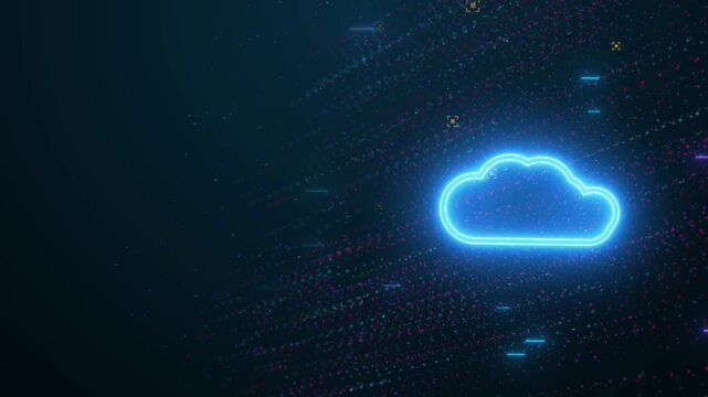 Cloud computing animation with glowing blue particles, cyber data storage, global database hosting, server infrastructure, and information technology backup concept.