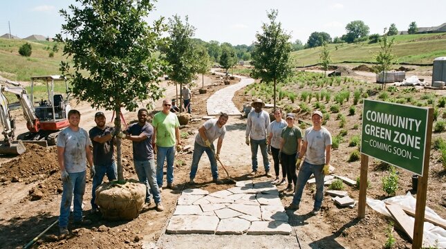 Group of diverse construction workers and volunteers creating a stone walkway and planting mature trees for a new community green zone