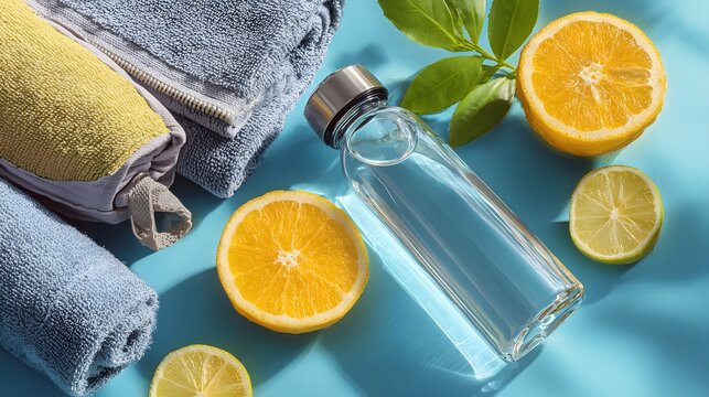 Refreshing summer wellness with citrus fruits and a clear reusable water bottle