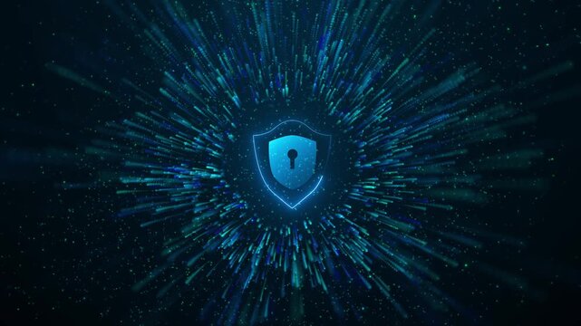 Cybersecurity shield and keyhole animation with glowing blue particles, data protection, network security, and cyber defense technology on a dark background.