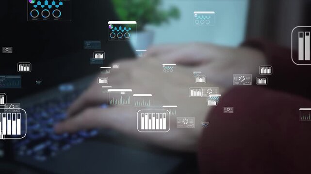 data analytics business animation, human hands typing on laptop keyboard with cyber digital statistics graph windows, Modern corporate big data processing and accounting concept.