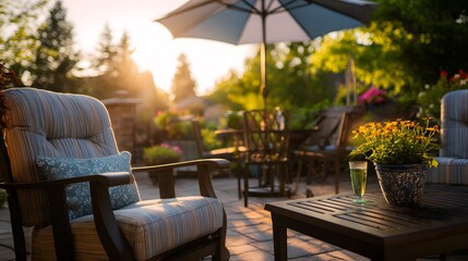 Obraz premium Cozy patio furniture set bathed in warm golden hour sunlight