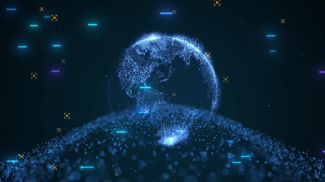 Global network sphere technology animation with glowing blue particles, digital codes, cyber communication, and worldwide connectivity concept.