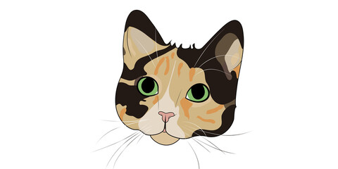 Fototapeta premium Colorful Calico Cat Face Portrait Vector Illustration with Green Eyes