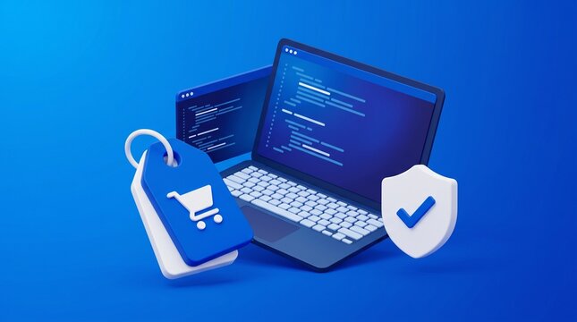 Ecommerce software development concept, laptop with programming code and shopping cart tag, secure online payment and web store security shield