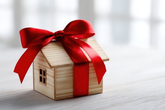 Small wooden house model wrapped with a vibrant red ribbon tied in a bow symbolizing a gift or homeownership on a bright, blurred background surface