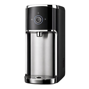 Modern black water dispenser with chrome accents, sleek countertop water purifier for office and home, premium electric beverage machine on white background