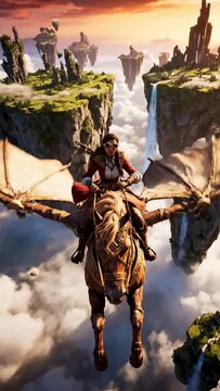 Steampunk adventurer riding winged horse through floating islands at sunset, fantasy cinematic travel concept