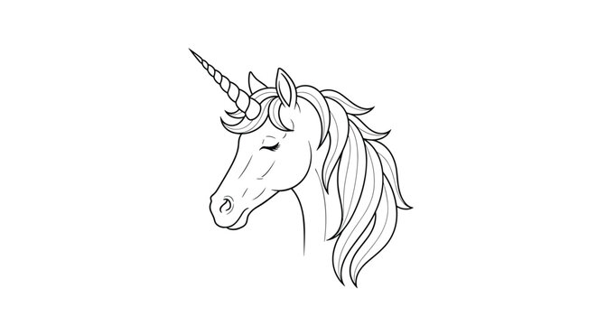 Elegant black and white line art illustration of a beautiful unicorn head with a long flowing mane for coloring.
