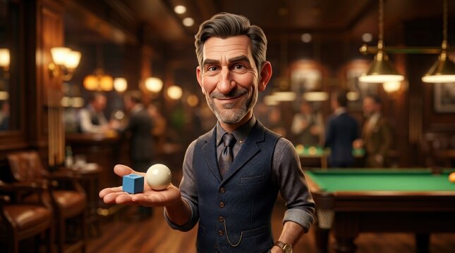 Billiards enthusiast holding cue ball and chalk in upscale pool hall caricature