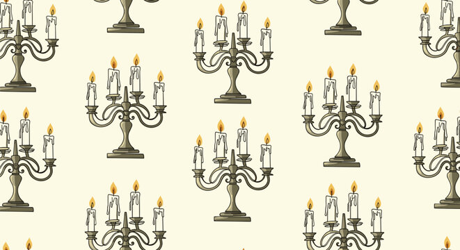 Vintage style seamless pattern featuring classical metal candelabras with three lit candles on a cream background.