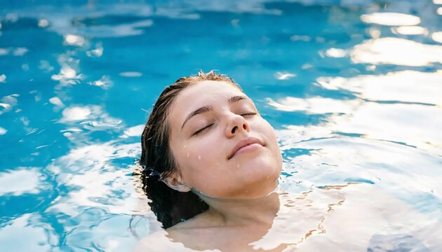 Young woman with closed eyes floating in swimming pool with blue rippling water around her face