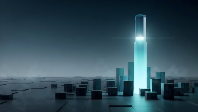 Single luminous pillar rising on digital horizon - Ideal for category leadership, business authority, or market dominance.