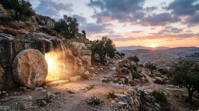 Empty tomb of Jesus Christ with glowing light at sunrise. Christian religious scene depicting the resurrection. Biblical site in Jerusalem landscape. Easter morning spiritual concept.