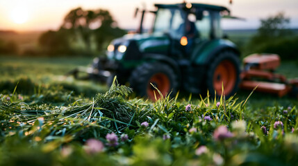 Tractor mowing alfalfa in a bright green field for forage production and livestock feed preparation photorealistic premium commercial agriculture scene © Julia