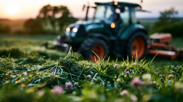 Tractor mowing alfalfa in a bright green field for forage production and livestock feed preparation photorealistic premium commercial agriculture scene