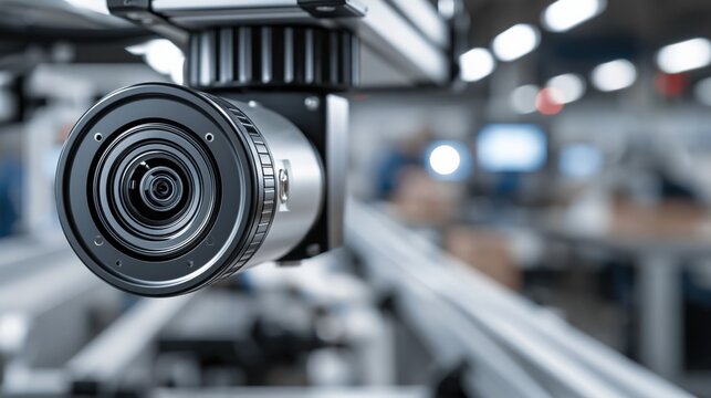 Close-up of a modern industrial machine vision camera system with a blurred factory background
