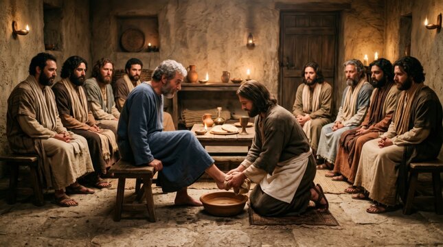 Man washing feet of another man. Group of men sitting in room. Jesus and apostle at last supper. Historical biblical scene, humility and service, religious tradition and event.