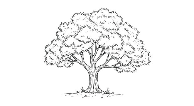 Large leafy tree sketch in black and white line art represents a strong and healthy oak tree in a natural outdoor landscape.