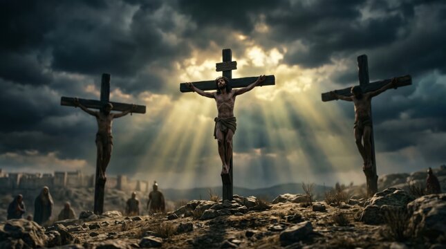 Jesus Christ crucified on wooden cross with two criminals on Calvary hill. Biblical scene of crucifixion under dramatic cloudy sky. Christian symbol of faith, salvation and sacrifice.
