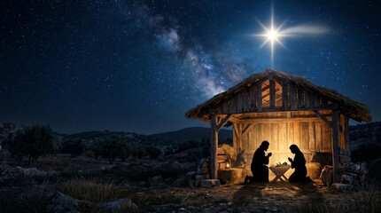 Fototapeta premium Nativity scene with silhouette of man, woman and baby Jesus in stable. Traditional Christmas religious display under starry night sky. Birth of Christ, spiritual and holy celebration.