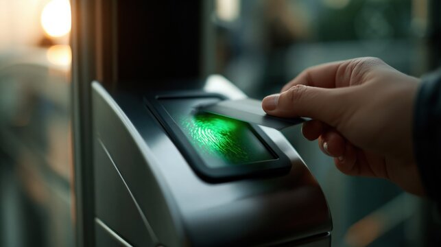 Close-up of person's hand using a contactless card to scan a biometric fingerprint reader for secure access control