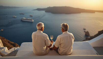 Fototapeta premium Elderly couple enjoying a sunset while sitting by the sea 