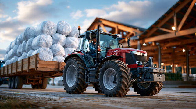 Tractor hauling wrapped silage bales across farm yard in winter feed logistics photorealistic modern livestock farming
