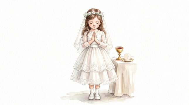 Girl in white dress praying during first communion ceremony. Child receiving holy sacrament of eucharist with chalice and host on altar. Religious christian celebration for invitation.