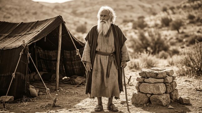Aged hermit standing near cloth tent in desert landscape. Ancient man wearing antique robe and holding wooden staff. Biblical scene representing historical nomadic life and spirituality.
