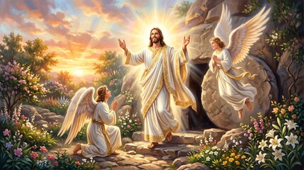 Obraz premium Jesus Christ resurrected standing at empty tomb with angel. Religious scene depicting Gospel story of Easter morning. Divine light and miracle of resurrection in garden landscape.