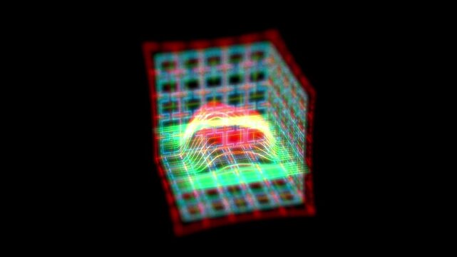 Neon wireframe cube rotation features a glowing circuit pattern on an isolated black background, with animated cyan, red, green, yellow, and white lines creating a futuristic sci-fi effect. Useful as