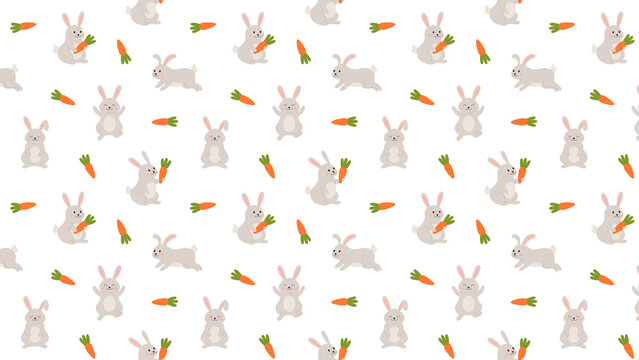 Cute seamless bunny pattern featuring colorful carrots on white background.