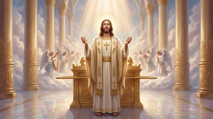 Obraz premium Jesus Christ standing with open arms in heaven among angels. Divine light and golden columns in a celestial temple. Religious illustration for Easter or spiritual worship concept.